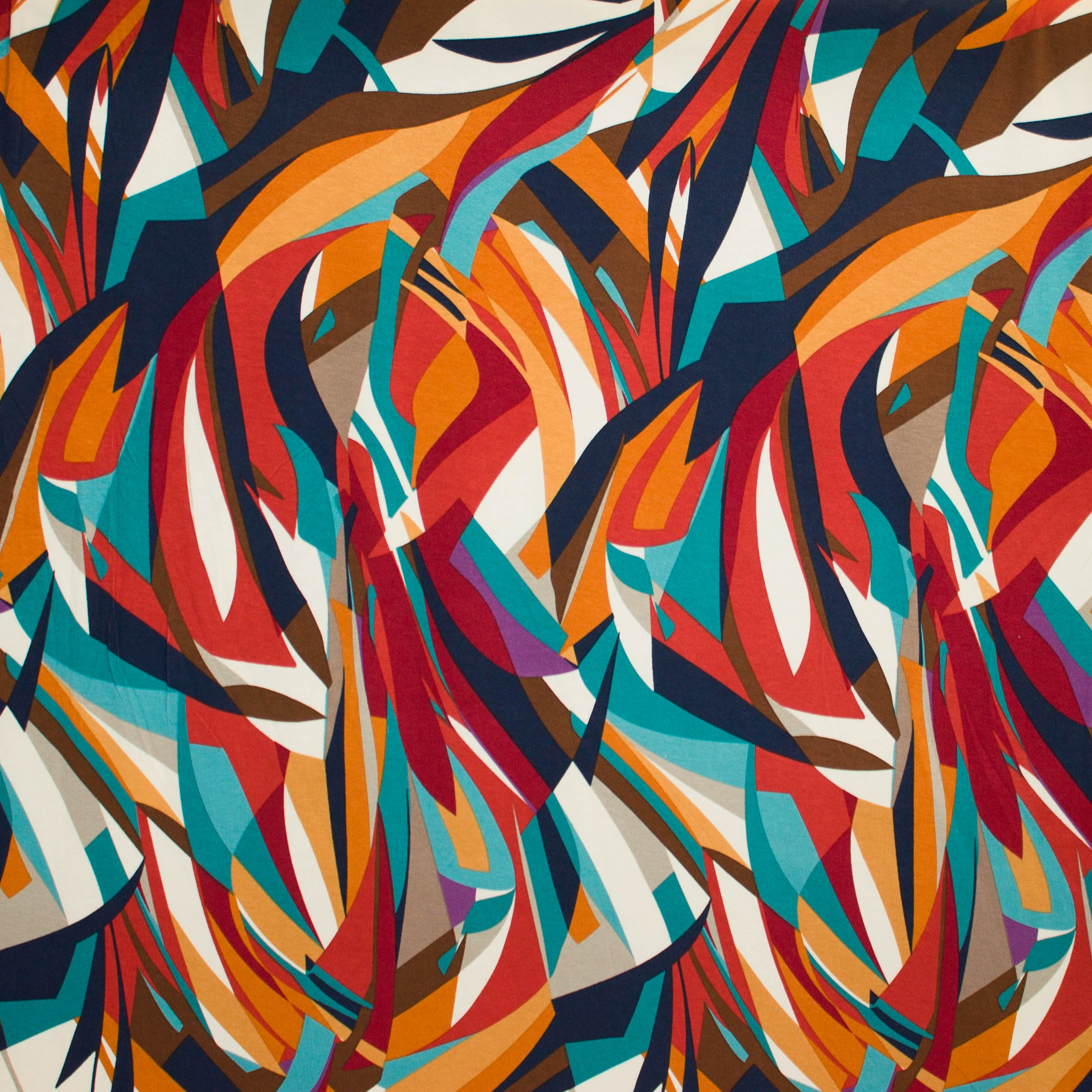 Viscose tricot rood multicolor met abstract patroon